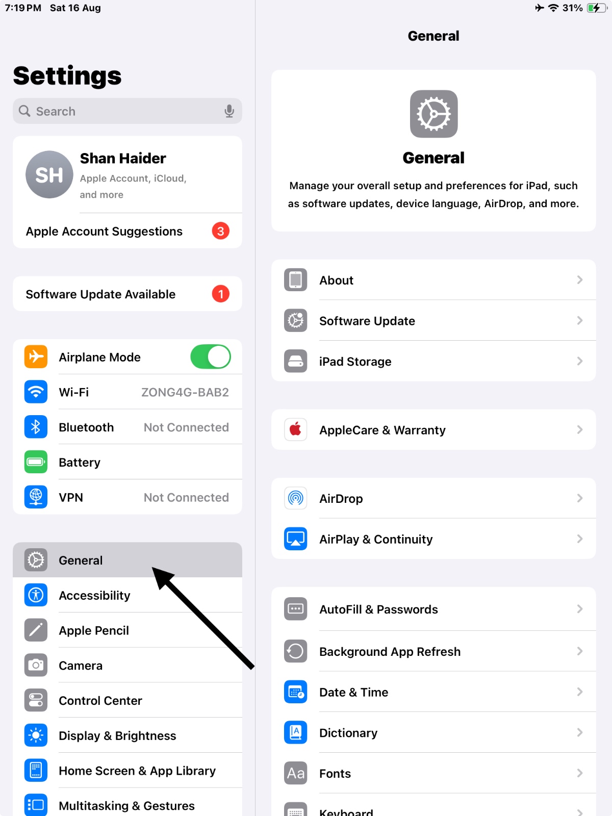 General option in Settings