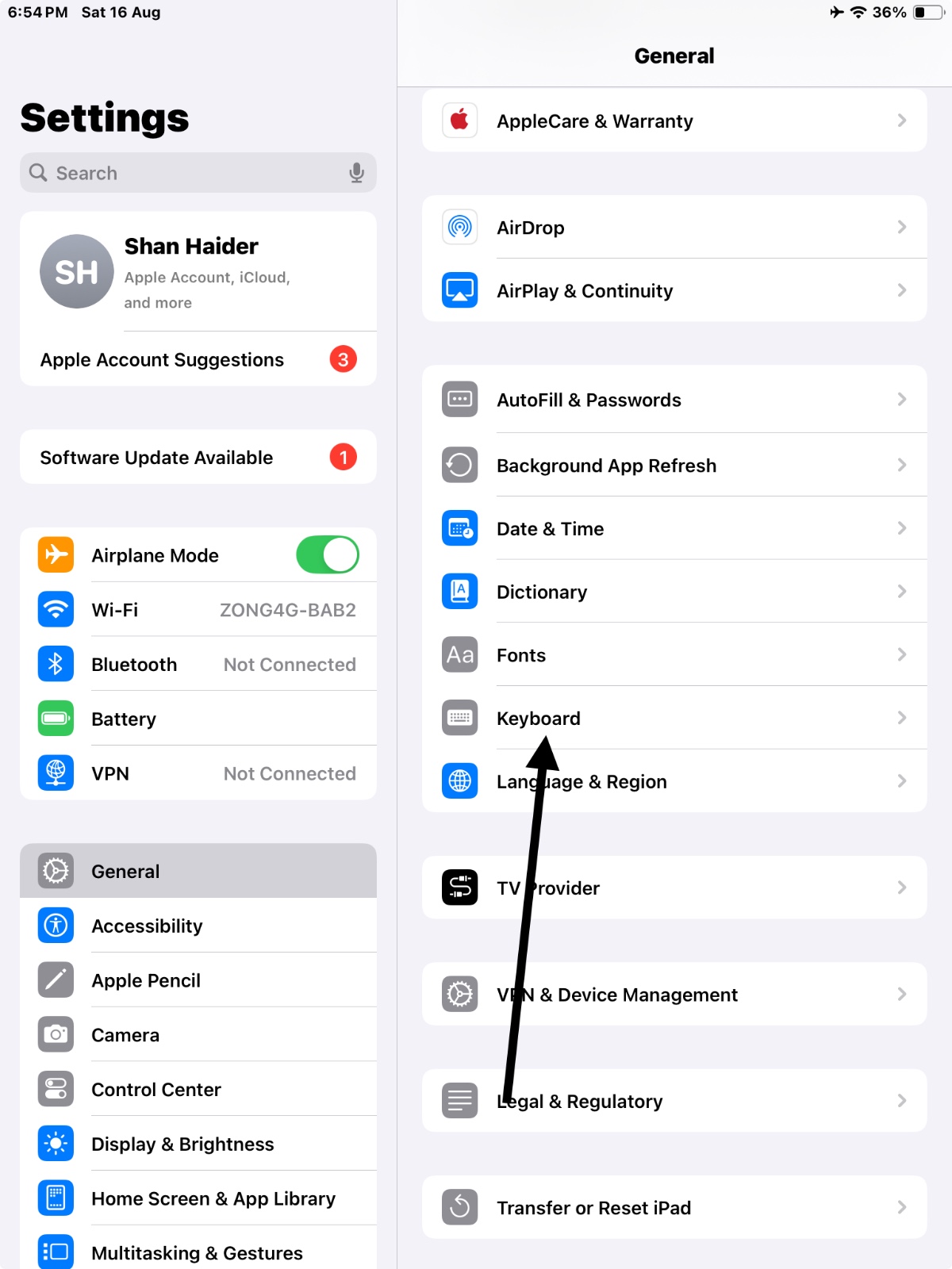 Keyboard option in General settings